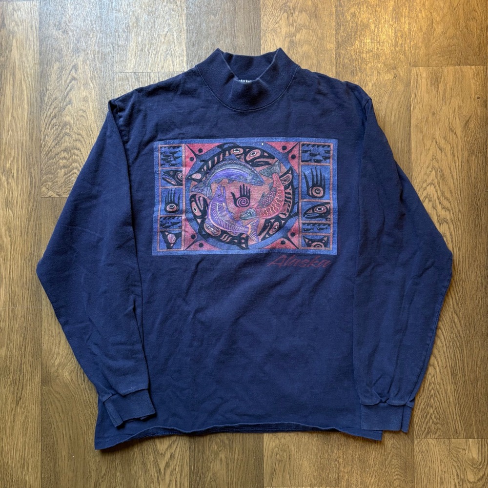 Vintage 90s Cotton Deluxe Tag USA Made Alaska Tribal Mock Neck Longsleeve Shirt